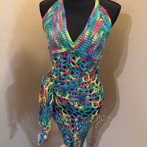 Colorful Crochet adjustable Halter top and sarong wrap/ poncho